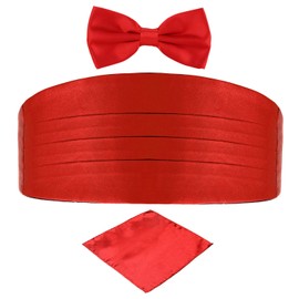 DonDon Men's triple pack with colour coordinated cummerbund bow tie breast pocket handkerchief perfect for special occassions - Red