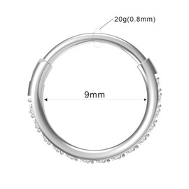 NORO OLO 20Gx9mm Thin Diamond Steel Hinged Hoop Nose Ring with Paved Clear Gems, Hypoallergenic Orbital Earring for Women