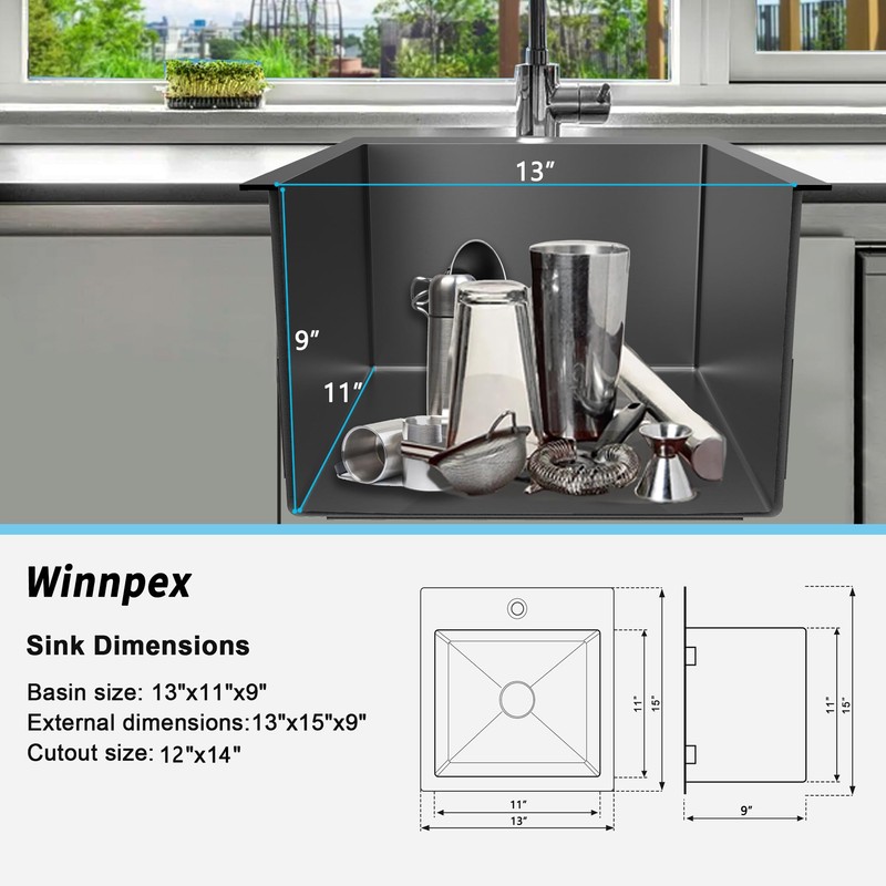 13 x 15 inch Drop in Bar Sink Black, Small