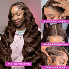 Jewhaut 13x6 Chocolate Brown Lace Front Wig Human Hair HD Transparent Body Wave Lace Front Wigs Human Hair Pre Plucked 200 Density Glueless Frontal Brown Wig Human Hair 24 Inch