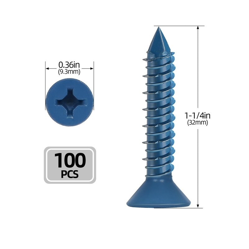 3/16" x 1-1/4" Concrete Screws, 100 PCS Blue Flat Head