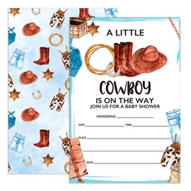UDNADKEX Baby Shower Invitations for Cowboy with Envelopes, Western Invites for Baby Shower Party Country, Wild West Baby Shower Invite Cards, A Little Cowboy 4"x6" Set of 20