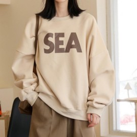 Relaxed Fit LL-T171 Lettering Fleece Sweatshirt Beige/FREE