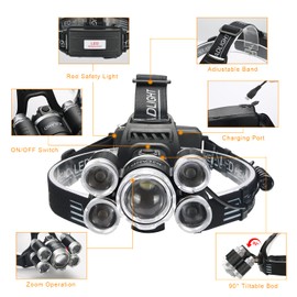 Vaasee Rechargeable Headlamp, 2000 Lumen Ultra Bright 5 LED Head Lamp for Adults, Waterproof Zoomable Headlight Flashlight, Work Outdoor Hard Hat Light for Camping Hiking Fishing Hunting