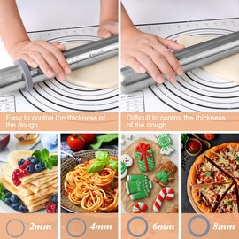 BELICOO Rolling Pin and Silicone Pastry Mat Set, Adjustable Stainless Steel Dough Roller Pin with Silicone Brush for Pizza, Pie, Cookie, Pasta and Bread (Grey, 16.1 '')