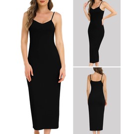 Vlazom Women's Nightdresses, Long Slip Dress for Ladies Soft Full Slip Petticoat Spaghetti Strap Chemises V Neck Nightgown Black,XXL