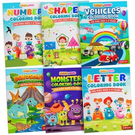 KiddieLoot Coloring Books for Kids Ages 4-8 - (Pack of 6) 8.5x11 Size Book w/Dinosaurs, Monsters, Vehicles, Alphabet, Numbers & Shapes - Kids Coloring Books Variety Set for Boys & Girls Color Gift