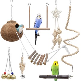 Pack of 7 Bird Toy Budgies Toys, Coconut Bird Cage Toy with Ladder, Bird Cage Accessories, Standing Perch, Hammock, Climbing Ladder for Parakeets, Cockatiels, Budgies