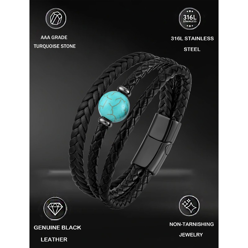 Starnny Men Turquoise Bracelet Leather Cuff Bracelet for Men 23cm