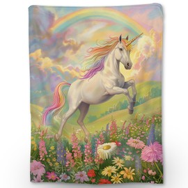 Ti Caldi Beautiful Unicorn & Flowers Blanket, Soft Fuzzy Lightweight Flannel Throw Blanket for Couch, Bed, Travel, Rainbow Design, Warm Cozy Decor Blankets for Women Girls 60×50 in