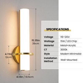 AIJIASI Wall Sconces - 15 inch Gold Wall Sconces Set of Two Modern Bathroom Sconce 15W Dimmable LED Wall Sconce Light with Acrylic Lampshade, Bathroom Vanity Light for Mirror Living Room Hallway 3000K