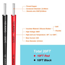 Electrical Wire 10 AWG 10 Gauge Silicone Wire Hook Up Wire Cables 20 Feet [10 ft Black and 10 ft Red] Soft and Flexible 1050 Strands 0.08 mm of Tinned Copper Wire High Temperature Resistance