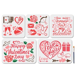 MAYJOYDIY Pack of 5 Valentine's Day Stencils with Love Heart and Roses 29.7 x 21/20 x 20 cm "Happy Valentine's Day" Stencil with Brush for Valentine's Day Wedding Party Gift Box Decor