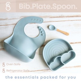 All In One Silicone Baby Feeding Set By SofiAl - Safe for 6-12 Months - Non-Toxic Baby Led Weaning Supplies, Suction Plate Or Bowl, Bib, Spoon & Gift Bag - BPA-Free - Mess Free Baby Feeding Essentials