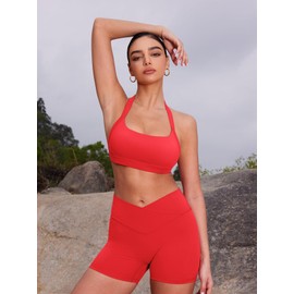 YEOREO Roxanie Women Halter Sports Bra Scoop Neck Removable Padded Open Back Yoga Workout Crop Tank Top, Red, Large