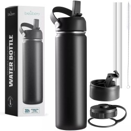 Brewberry Stainless Steel Insulated Water Bottle and Travel Mug 22 OZ - Midnight Black