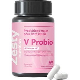Zesty Nutrition V Probió Probióticos Femeninos - 6 Cepas con Prebióticos XOS, Salud Digestiva e Íntima Diaria, Hecho en México - 60 Cápsulas