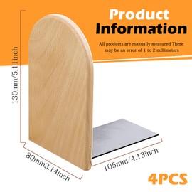Pack of 4 Bookends with Round Head Made of Beech, 13 x 10.5 x 8 cm, Wooden Bookends with Non-Slip Rubber Pads, Removable Wooden Bookends and Metal Feet for Home, Office, Library