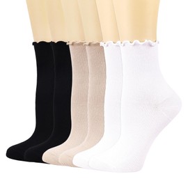 Mcool Mary Womens Ruffle Socks Crew Casual Cotton Frilly Breathable Cute Knit Lettuce Trim Ankle Solid Socks 6 Pack