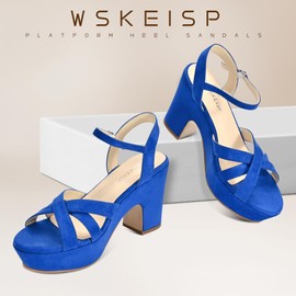 WSKEISP Sandalias de tacón de plataforma para mujer, correa al tobillo, tacón grueso, gamuza, puntera abierta, vestido de moda, para boda, tacón alto, cuñas, Azul Suede, 8.5 US