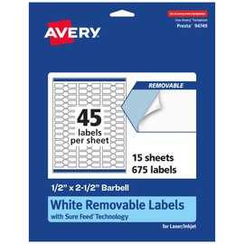 Avery Matte White Removable Barbell Labels with Sure Feed Technology, 0.5" x 2.5", 675 Removable Labels, Laser/Inkjet Printable Labels