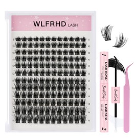 WLFRHD Lash Clusters Kit 144Pcs D Curl Lash Extension Kit Eyelash Extensions Individual Lashes Kit with Cluster Lashes Bond and Seal and Eyelash Extensions Tweezers DIY at Home(221-D-8-16MM）
