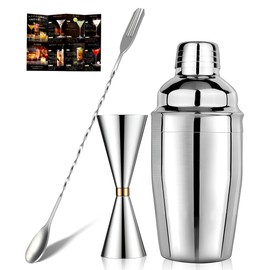 YUXIKIS Cocktail Shaker Set of 3, Cocktail Shaker, 11.8 fl oz (350 ml), Measuring Cup 11.8 - 17.7 fl oz (30 - 45 ml), Bar Spoon, 10.2 inches (26 cm), Complete Cocktail Guide Included, For Beginners