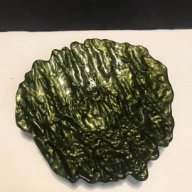 unknown SMALL Glass Trinket Dish Crinkled Wavy Unique Green Glossy Funky 5.5” MCM Rare