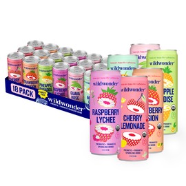 wildwonder Sparkling Probiotic Juice Drink 18pk, w/Gut Health & Immunity Support, 5g Prebiotic Fiber, Live Probiotics, Organic, Vegan, Low Sugar, Sampler Pack, 6 Flavors, Seen on Shark Tank