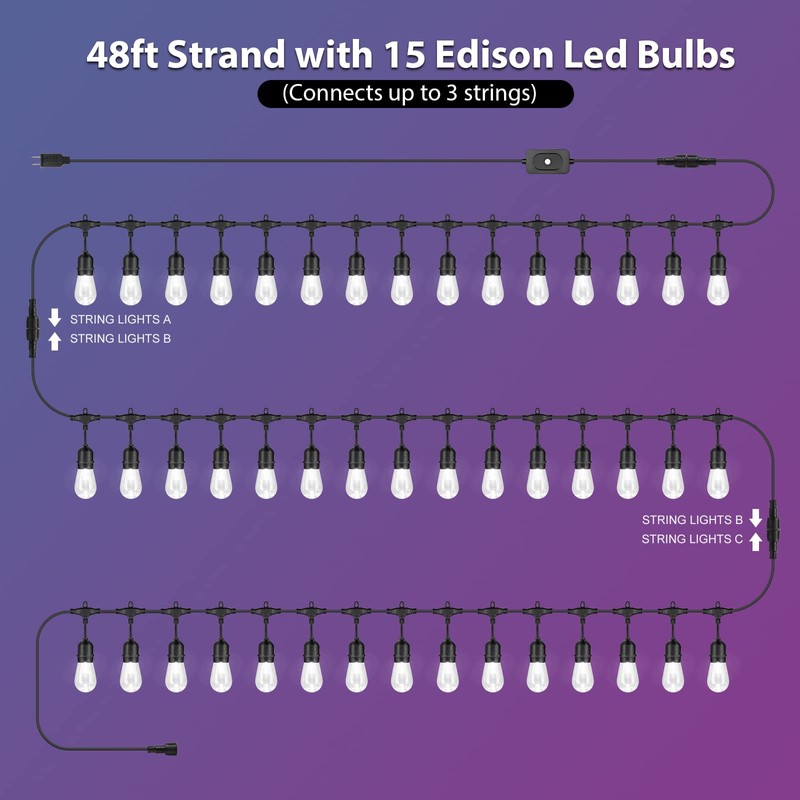 Mlambert 96Ft(2x48ft) Outdoor Patio Lights, RGB Dimmable Cafe String Lights