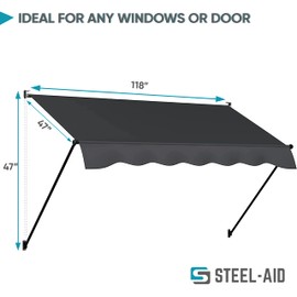 STEELAID Manual Retractable Awning | 118” Screw-in Outdoor Sun Shade | Adjustable Pergola Shade Cover w/UV Protection| 100% Polyester Waterproof Outdoor Canopy for Windows & Doors