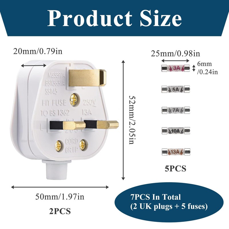 2 Pack 3 Pin Plug UK, 3 pin Mains Plug