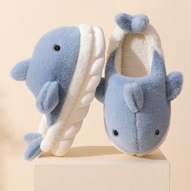 Soft Plush Whale Shark Fuzzy Slippers 1.6'' Heightening Soles for Women Men, Winter Faux Fur Cute Animal Couple Matching Home Slippers, Blue, 11-12