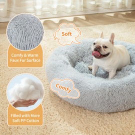 Donut Dog Beds for Small Dogs, Washable Round Cat Beds for Indoor Cats, Anti-Anxiety Calming Pet Bed with Shaggy Plush Faux Fur and Anti Slip Bottom (Gray, 30.0" L x 30.0" W x 7.0" Th)
