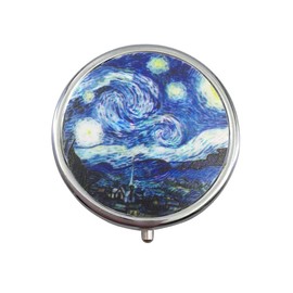 SagaSave Round Pill Box 3 Compartment Small Pill Case Cute Tablet Organizer Portable Travel Pillbox Container Holder for Purse & Pocket(Famous painting starry sky)