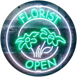 Florist Shop Open Dual Color LED Neon Sign White & Green 12" x 8.5" st6s32-i0133-wg