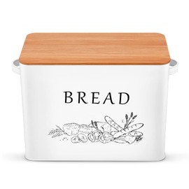 P&P CHEF Bread Box for Kitchen Counter, Metal Bread Storage Bin with Wooden Cutting Lid, Large Capacity for Holding 2+ Loaves, Retro Modern Style, Size 13” x 7.2” x 9.7”, White