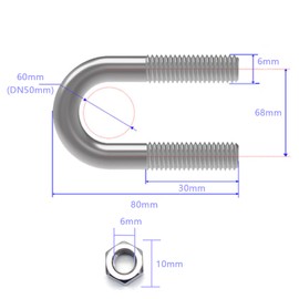 Bebochoi Pack of 12 U-bolts clamps, 304 stainless steel M6 with nuts, frame straps, U-screws suitable for pipe performance, for diameter 50 mm pipe (silver)