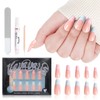 VAVAVAILS Press On Nails Long Coffin Shaped Crocodile Pattern Tips False Nails, Full Cover Semi-Transparent Fake Nails, Nude Pink with Blue Reusable 12 Sizes - 24 Nail Kit with Glue & Jellied Gel