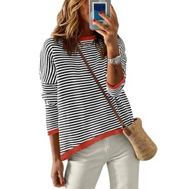 ANRABESS Womens Striped Sweaters Long Sleeve Top Crewneck Color Block Casual Loose Knitted Pullover Shirts 2025 Fall Outfits Black White Orange Medium