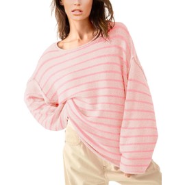 Outfeel Women's Oversized Striped Knit Sweater Loose Long Sleeve Drop Shoulder Pullover Sweatshirt Tops Pink Small