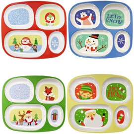 4E's Novelty 4 Melamine Dinner Plate for Kids Boys, Plastic Mealtime Divided Plates, Dinnerware Dishes Set For Picky Eaters, BPA Free, Construction, Dinosaur, Firefighter, Farm Animal