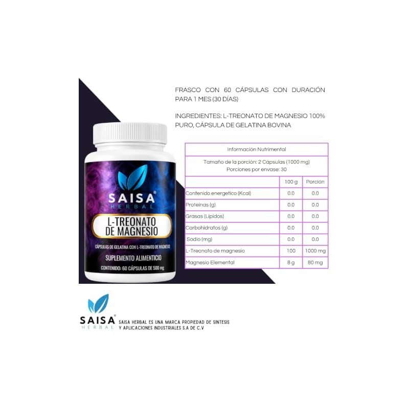 L-treonato De Magnesio 100 Puro con 60 Cápsulas SAISA HERBAL