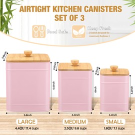 Tioncy Kitchen Canisters for Countertop Set of 3 Metal Canisters Sets with Bamboo Lids Spoon Airtight High Capacity Coffee Tea Sugar Flour Jars with DIY Labels Farmhouse Food Storage(Pink,L,M,S)
