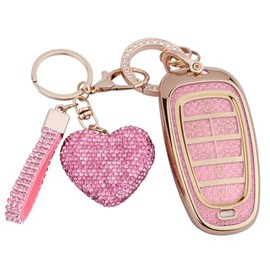Meruns for Hyundai key fob cover with Keychain, Car Accessories Key Shell for 2024 2023 2022 Sonata, Santa Fe, Nexo, Tucson, Palisade, 7 Buttons, Gold Pink