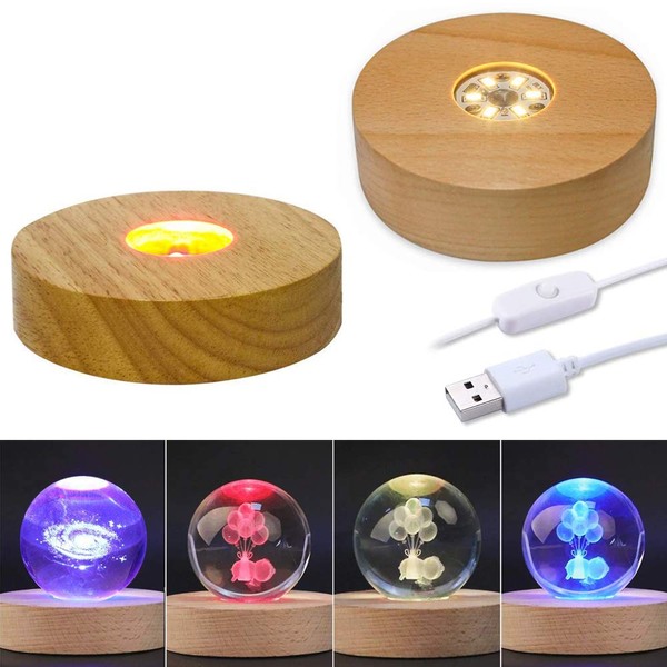 2Pack 4" LED Wood Display Base for Crystals Glass Art, Wood LED Display Base for Crystals Glass Art, Warm/Multiple Colour Lighted