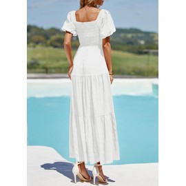 PRETTYGARDEN Womens Summer Puff Short Sleeve Maxi Dress Square Neck Smocked Tiered Ruffle A Line Long Flowy Beach Dresses (White,Medium)