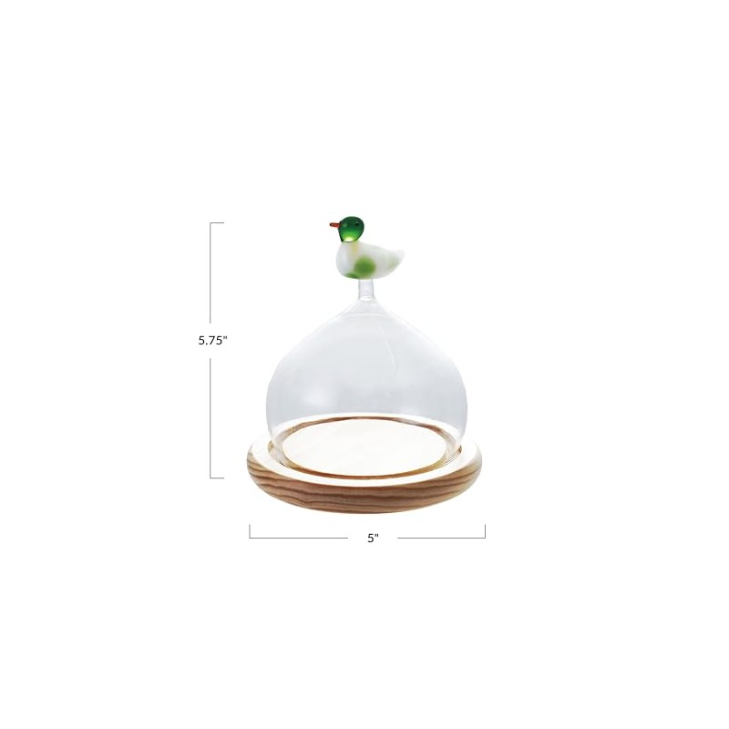 Creative Co-Op Glass Cloche with Wood Base and Duck Topper,