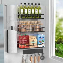 MIMIyasha 5 Pack Magnetic Spice Rack for Refrigerator, 3 Pack Metal Magnetic Spice Rack Organizer with Magnetic Paper Towel Holder, Removable Metal Hooks, Strong Magnetic Shelf for Oven, Space Saving