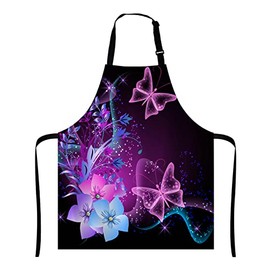 Wasach Purple Apron, Pink Purple Butterfly and Flowers Unisex Kitchen Bib with Adjustable Neck for Cooking Gardening,Adult Size